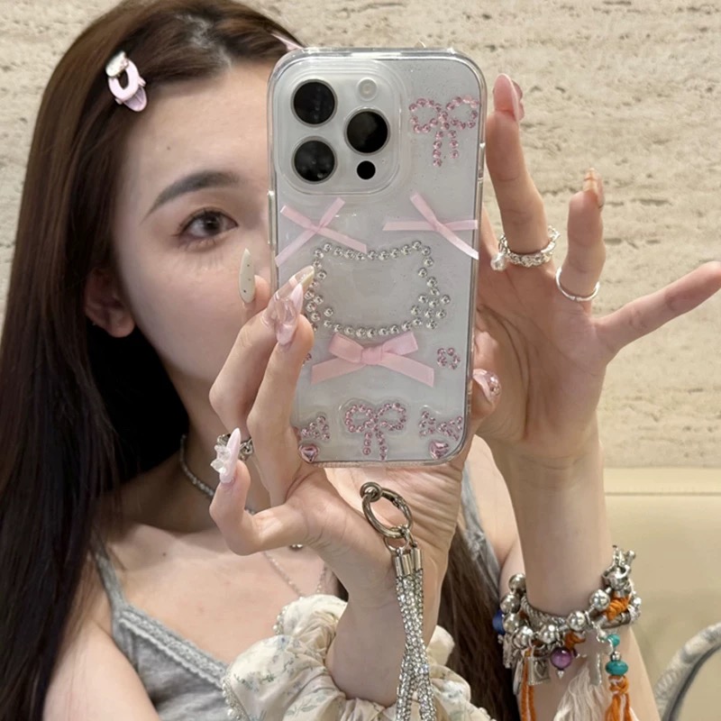 ジュエルネコちゃんリボンストラップ付き iphoneケース