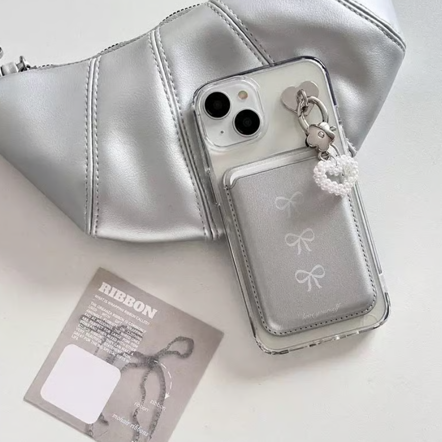 ツリーリボンシルバーmagsafe ポケット iphoneケース【Magsafe対応】