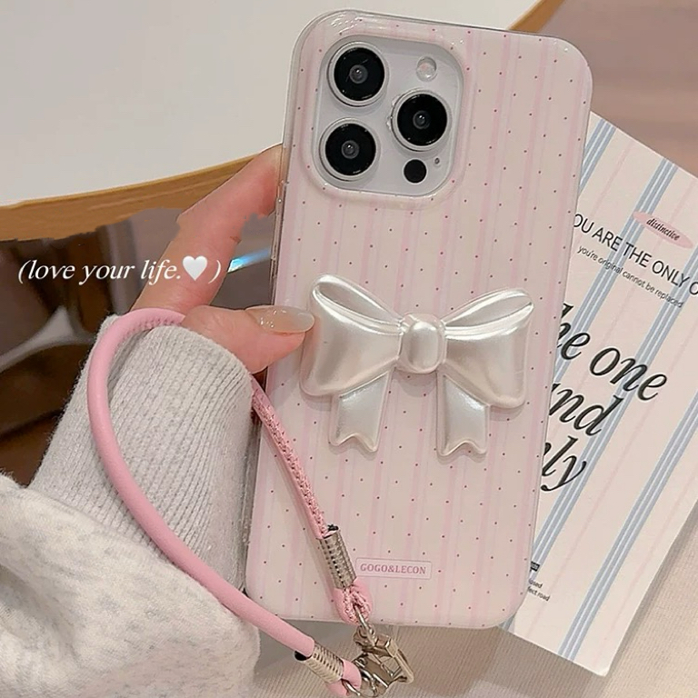 ピンクストライプリボンストラップ iphoneケース