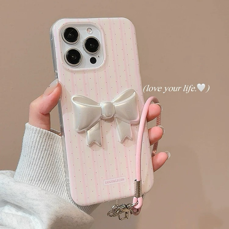 ピンクストライプリボンストラップ iphoneケース