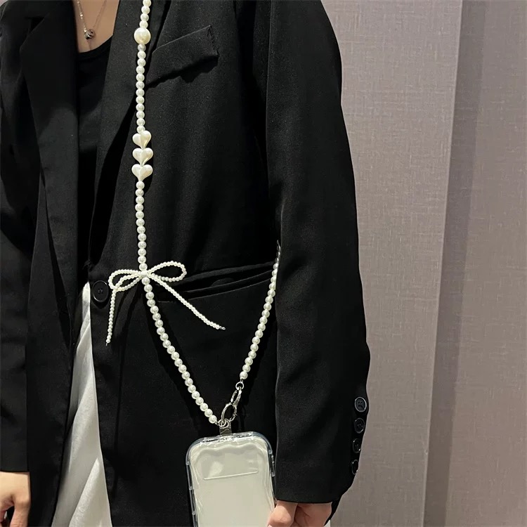 シルバーパールリボンロングストラップ