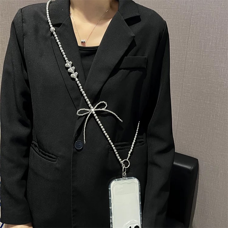 シルバーパールリボンロングストラップ