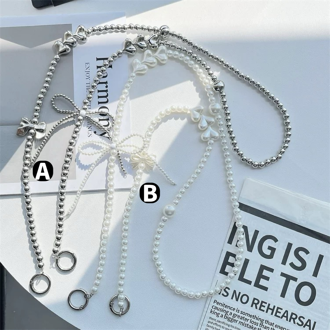 シルバーパールリボンロングストラップ