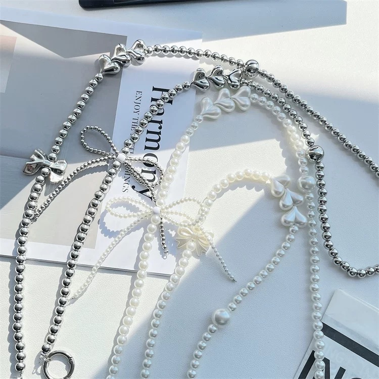 シルバーパールリボンロングストラップ