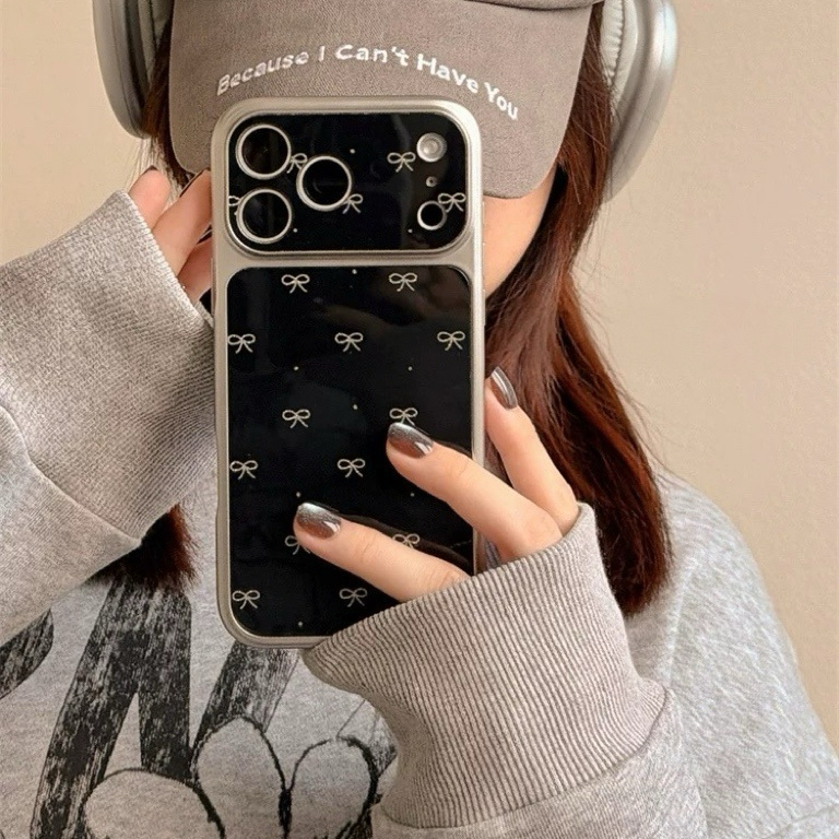 リボンブラックシルバーサイドストラップ iphoneケース