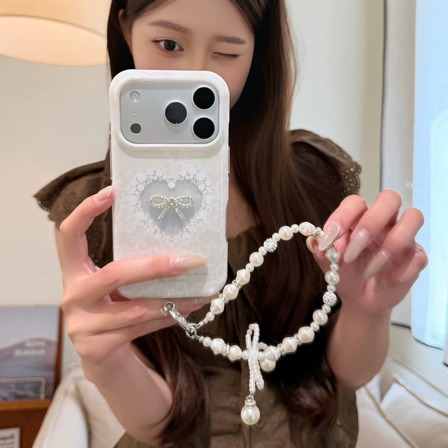 フラワーレースリボンストラップ iphoneケース